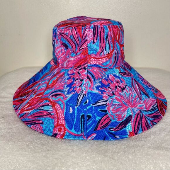 Lilly Pulitzer Ruby Red Sun Hat Wild Times Pink Blue Wide Brim Tropical Beachy - Picture 5 of 14